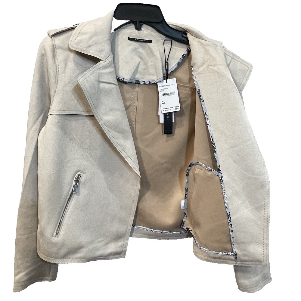 Tahari Women's SP Faux Leather Suede Bone Short Moto Jacket Blazer New - Picture 3 of 11